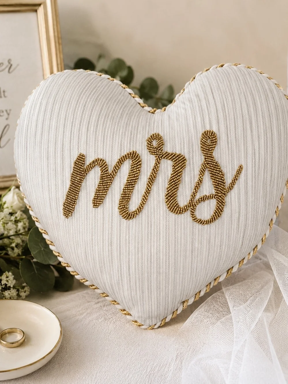 Mrs Heart Decorative Pillow - White and Gold